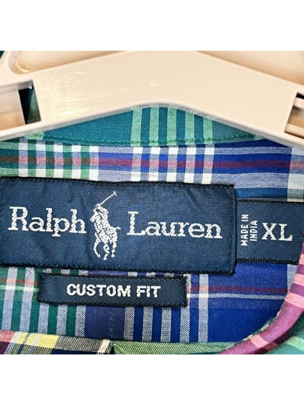 Ralph Lauren Mens Green Blue Plaid Button-Down Shirt XL Custom Fit Cotton Long S - Picture 4 of 9